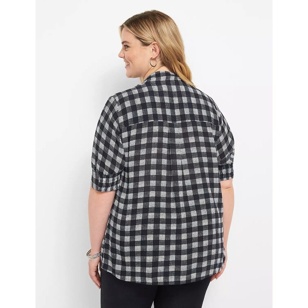 Lane Bryant Short Puff Sleeve‎ Tie-Neck Black & White Plaid Blouse Size 18 - Picture 2 of 9